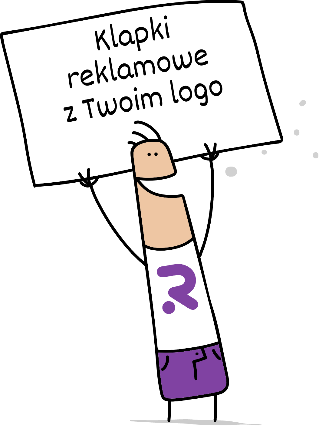 Buddy trzymający napis klapki reklamowe z Twoim logo